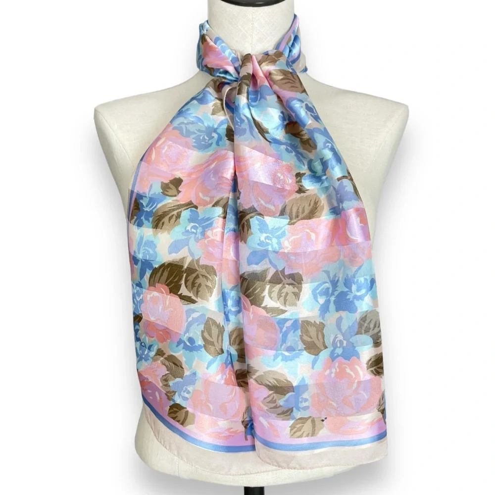 Floral Scarf Vintage Long Roses Pink Blue Sheer Sheen Stripe Elegant Retro‎